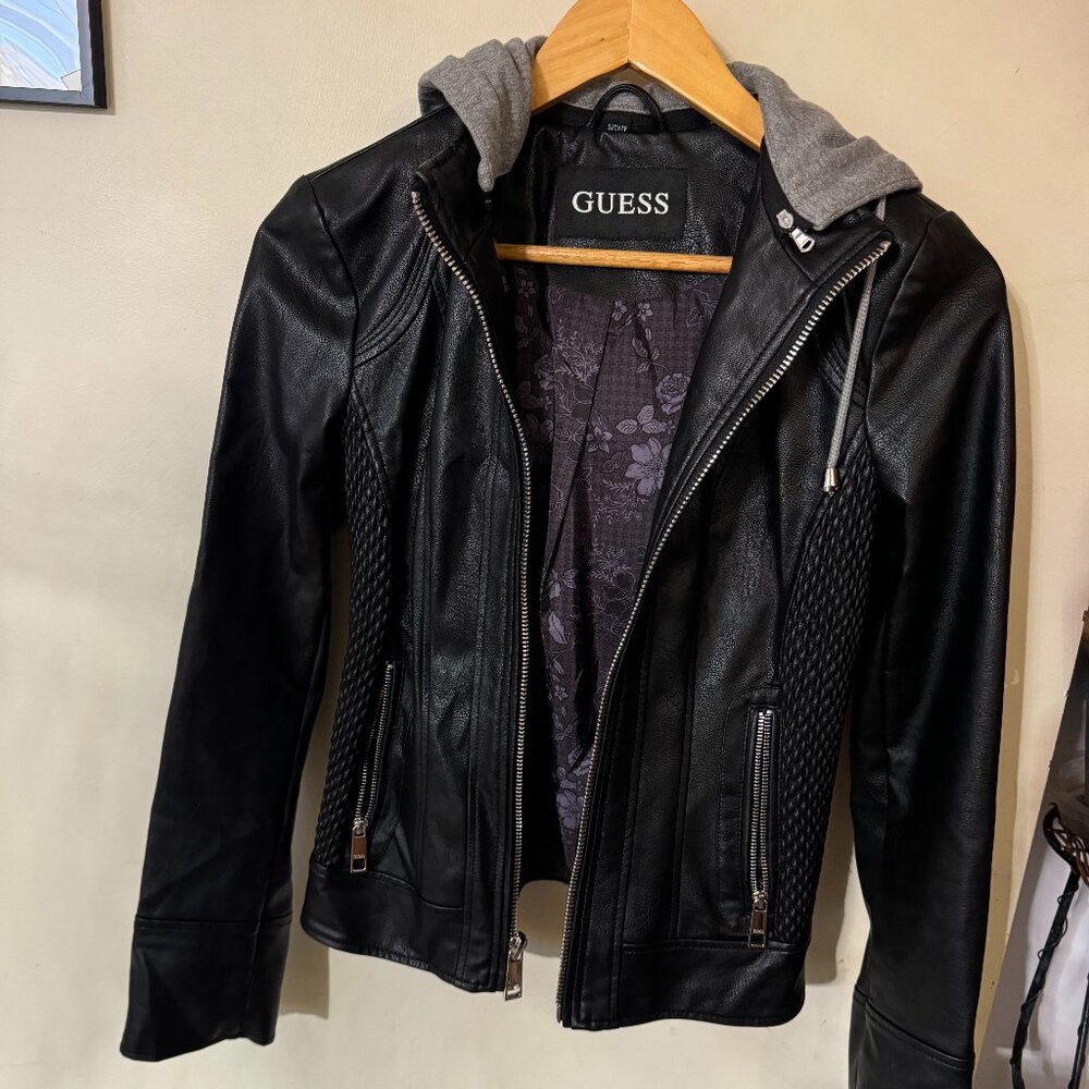 Faux Leather Jacket with Hoodie